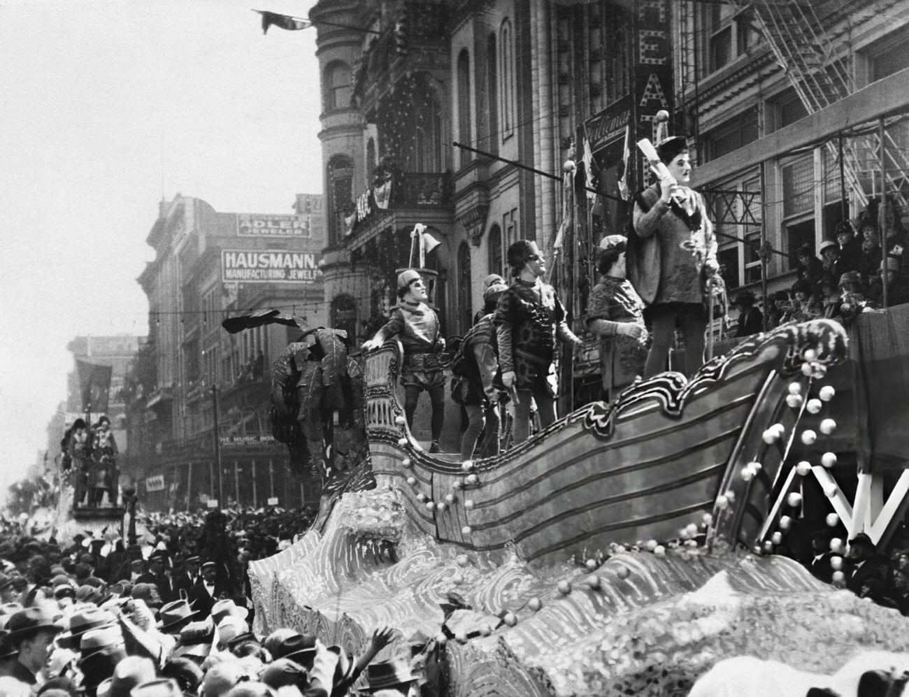 The Parade of Rex, the Absolute Monarch, at the New Orleans Mardi Gras, 1933.