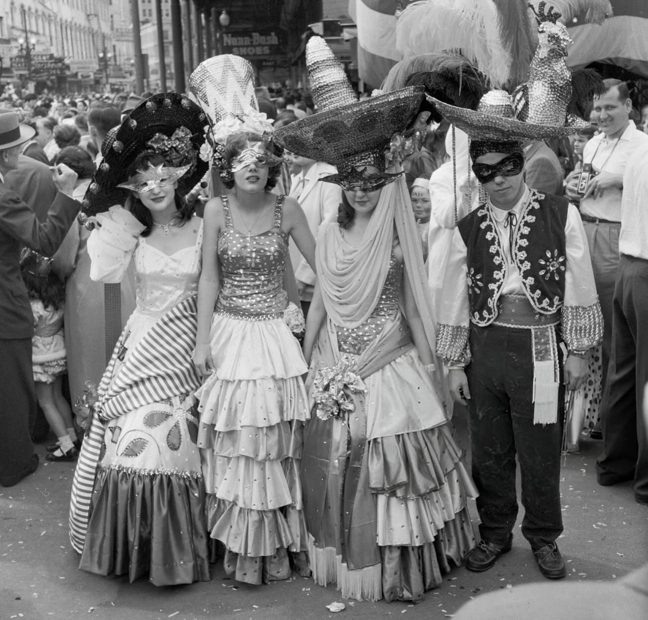 A Group Dressed in Mexican or Spanish Costumes at the New Orleans Mardi Gras Parade, 1950s.