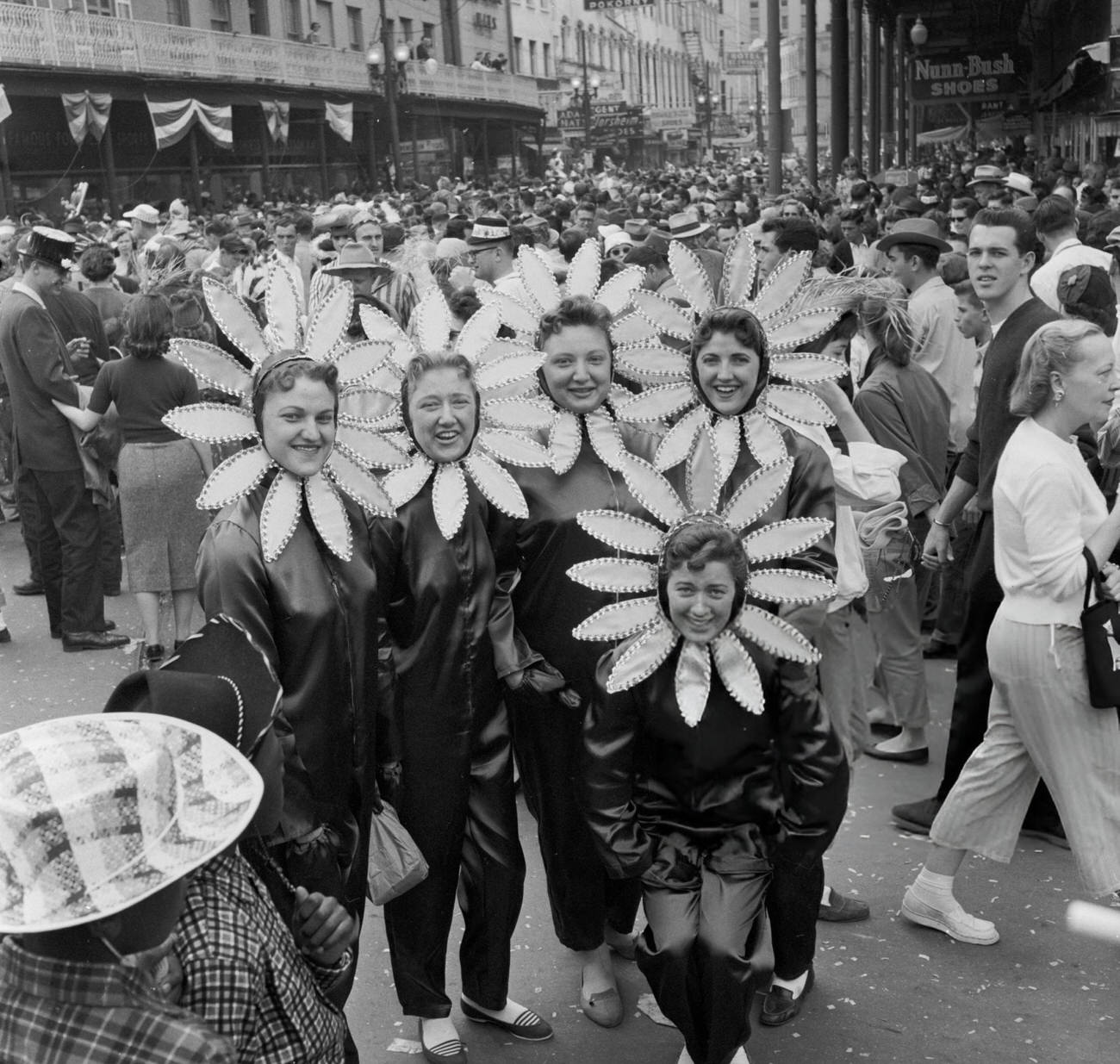 A Group of Girls in Sunflower Costumes at the New Orleans Mardi Gras Parade, 1950s.