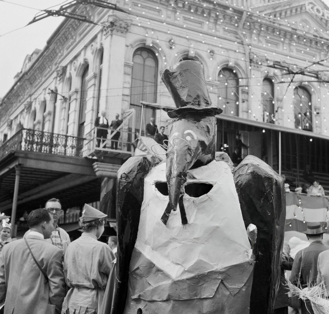 A Man Dressed as a Pelican in a Top Hat and Spectacles, at the New Orleans Mardi Gras Parade, 1950s.