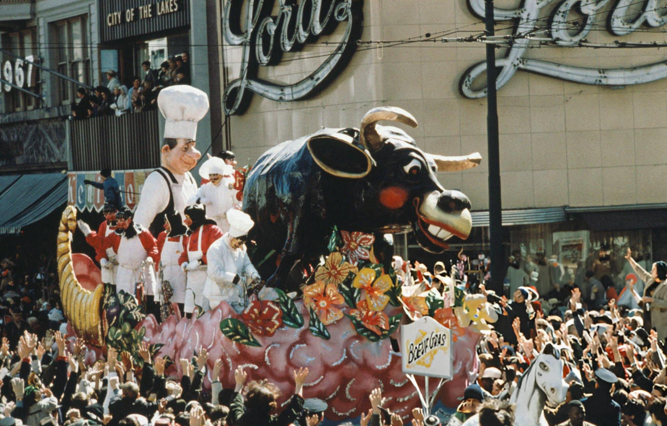 Crowds Watch the Rex Parade on Mardi Gras Day, New Orleans, 1960s.