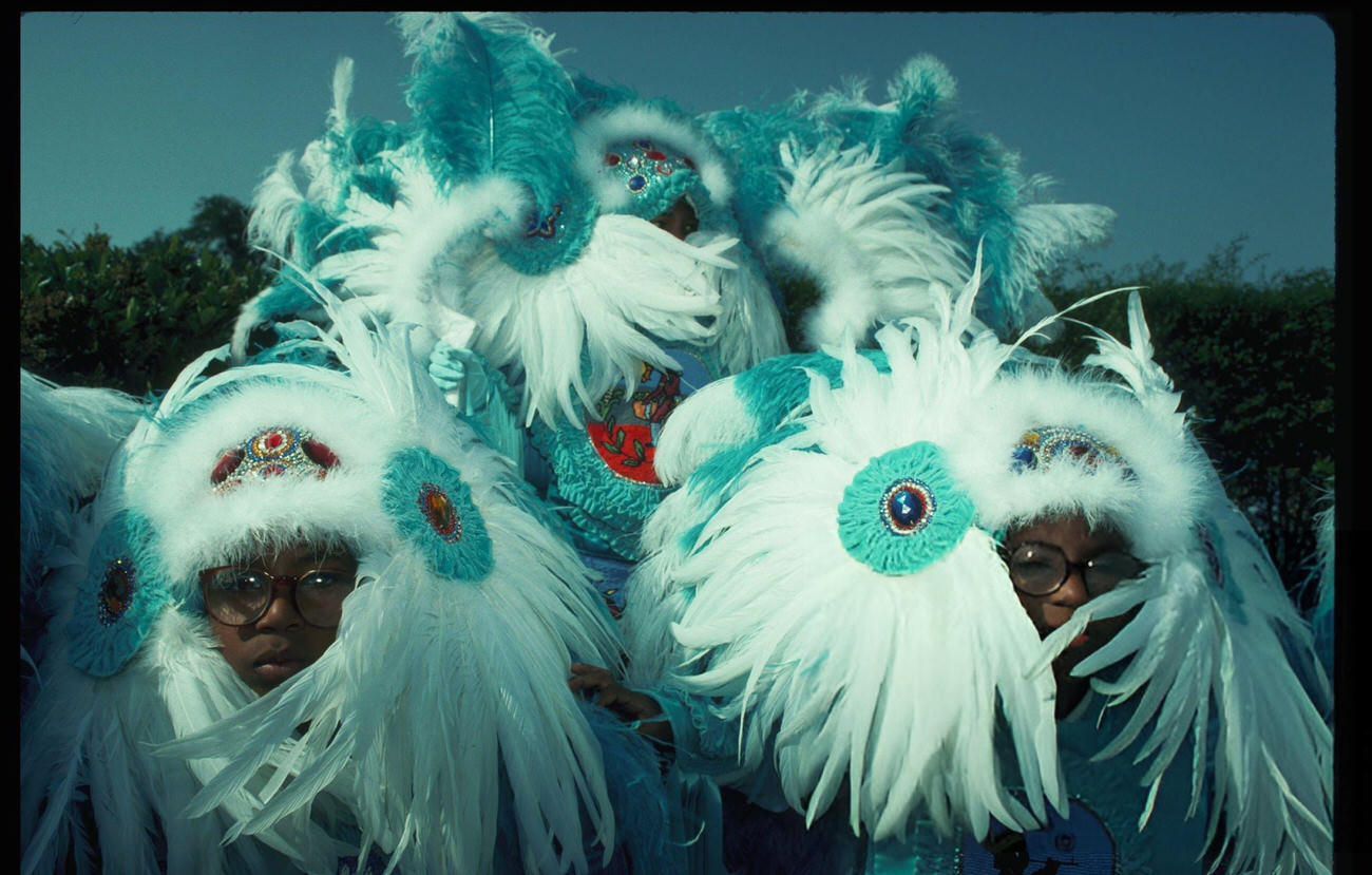 Young Boys Wear Ornate, White Feather Headdresses at a Mardi Gras Indian Celebration, New Orleans, 1960s.