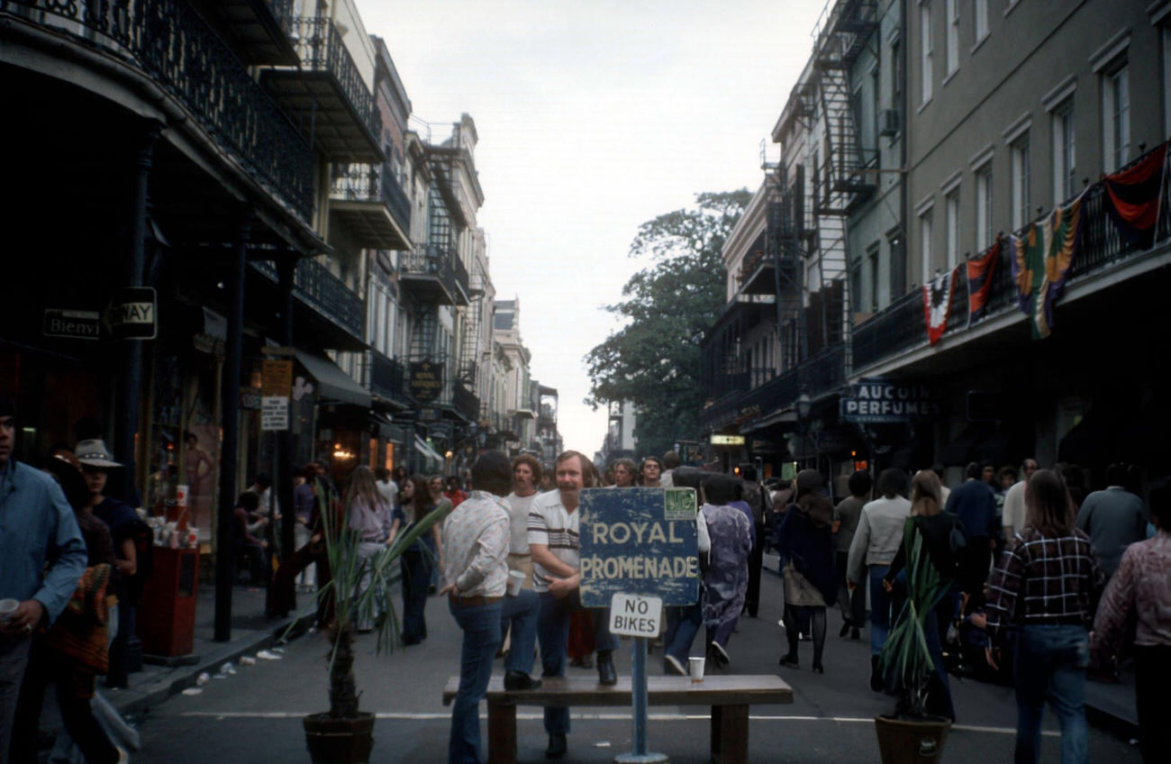 View of Pedestrians on a Closed Street During the Mardi Gras Parade, 1973.