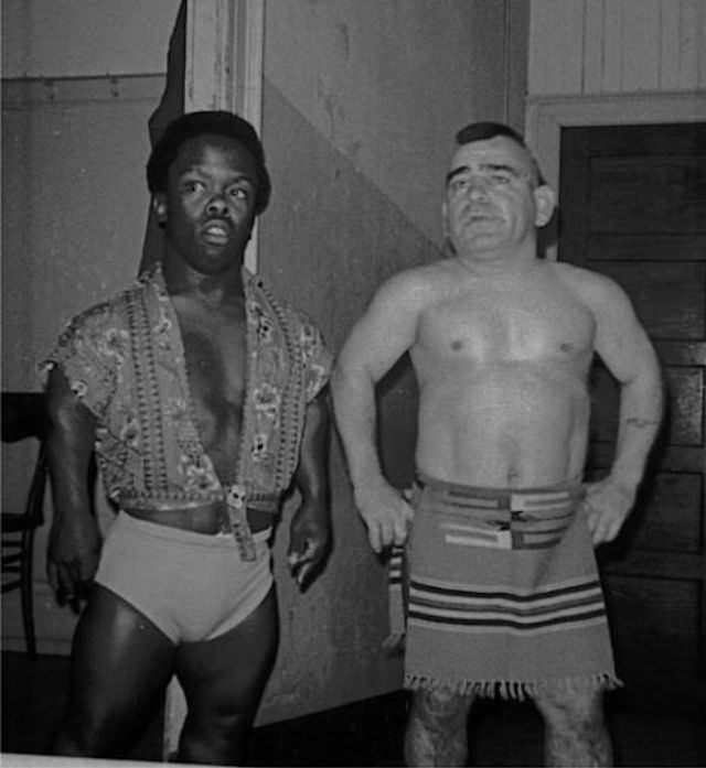 Jamaica Kid and Little Beaver backstage at a wrestling arena April 25, 1969.