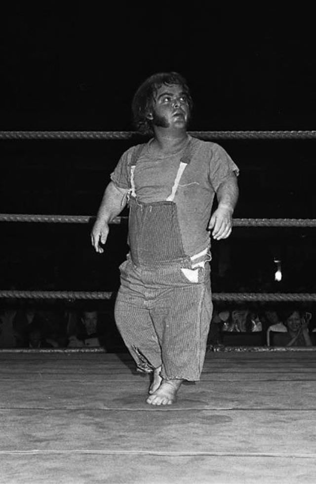 Farmer Pete wrestling in Milwaukee, December 3, 1972. Due to the lack of complete records, it is believed that Farmer Pete was World Champion for seven days in 1957, after beating Sonny Boy Cassidy, who won the title back in a rematch in October the same year.