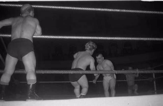 Sky Low Low (outside ring) in a tag team with Little Beaver (nearside) versus Mighty Atom, May 5, 1967.