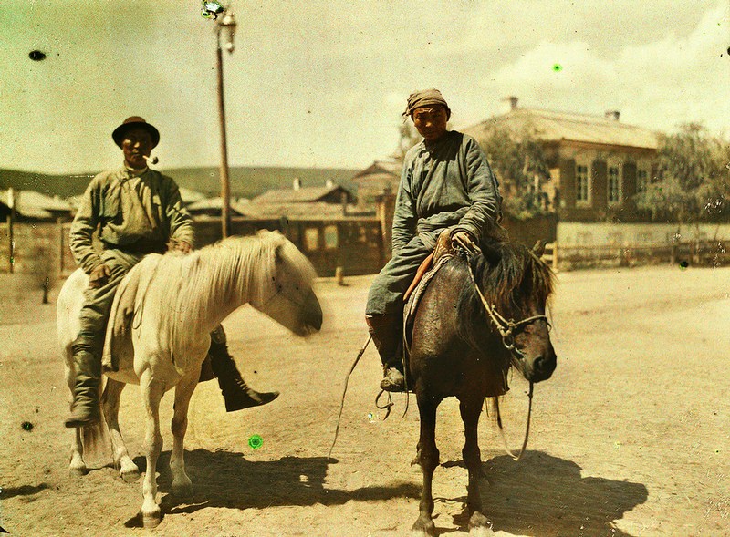 Two Buryat riders in Troitskosavske (a district town of the Zabaikalsk region, 4 versts from the Chinese border).