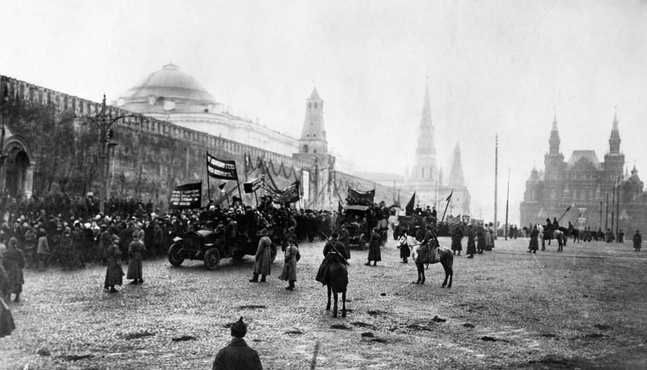 A Communist rally parade demonstration in Red Square, Moscow, 1920s.