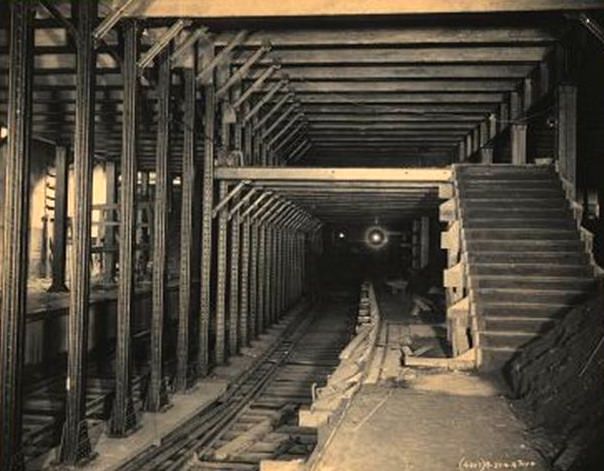 Subway Construction: 14th Street & 4th Avenue Pillars and tracks; stairs down to platform. October 1903.