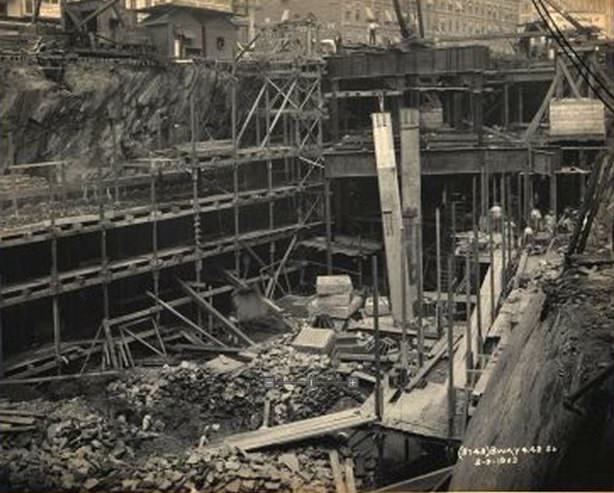 Subway Construction: Broadway & 42nd Street, below ground seen from street. February 1903.