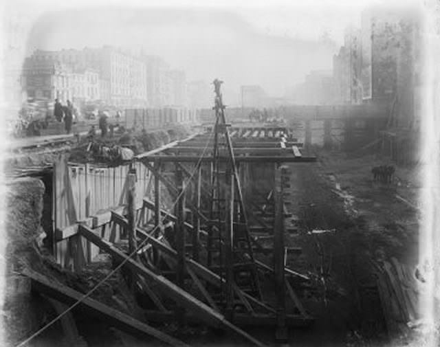 Excavation for Essex Street Station, open pit, horse team. December 13, 1906.