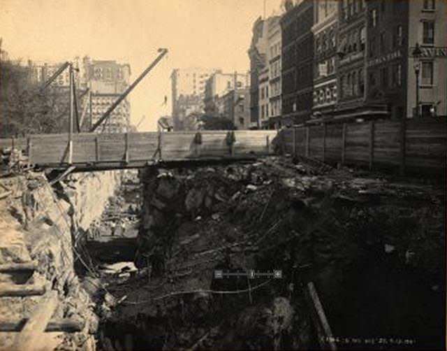 Subway Construction: 4th Avenue & 15th Street, looking north from street into sunlit lower level. September 1901.