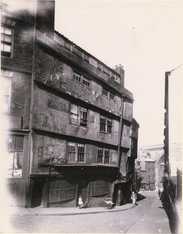 The Side, looking east, featuring number 86, the birthplace of Admiral (later Lord) Cuthbert Collingwood, 1880.