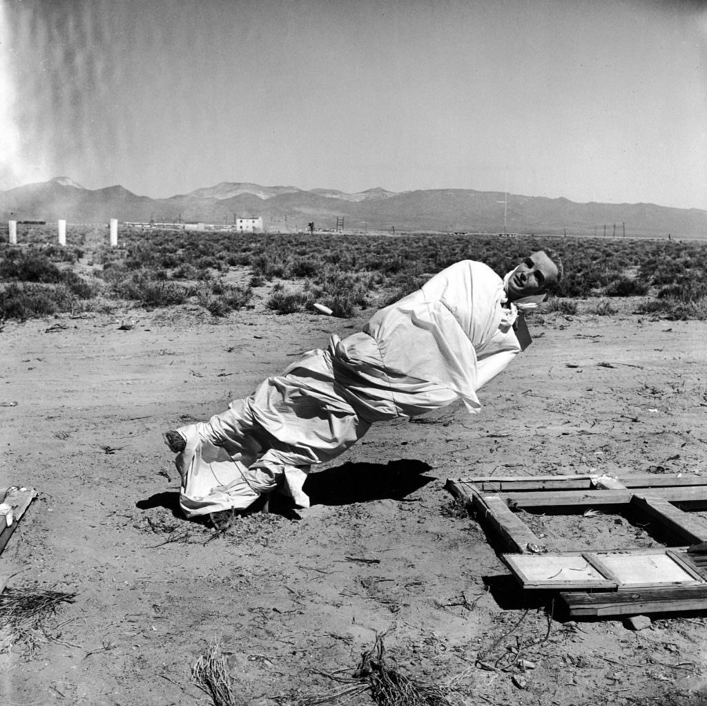 After a nuclear weapon test, Nevada, 1955.