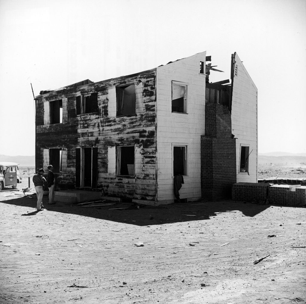 Remains of a house (built for the test more than a mile from ground zero) after an atomic bomb test, Nevada, 1955.