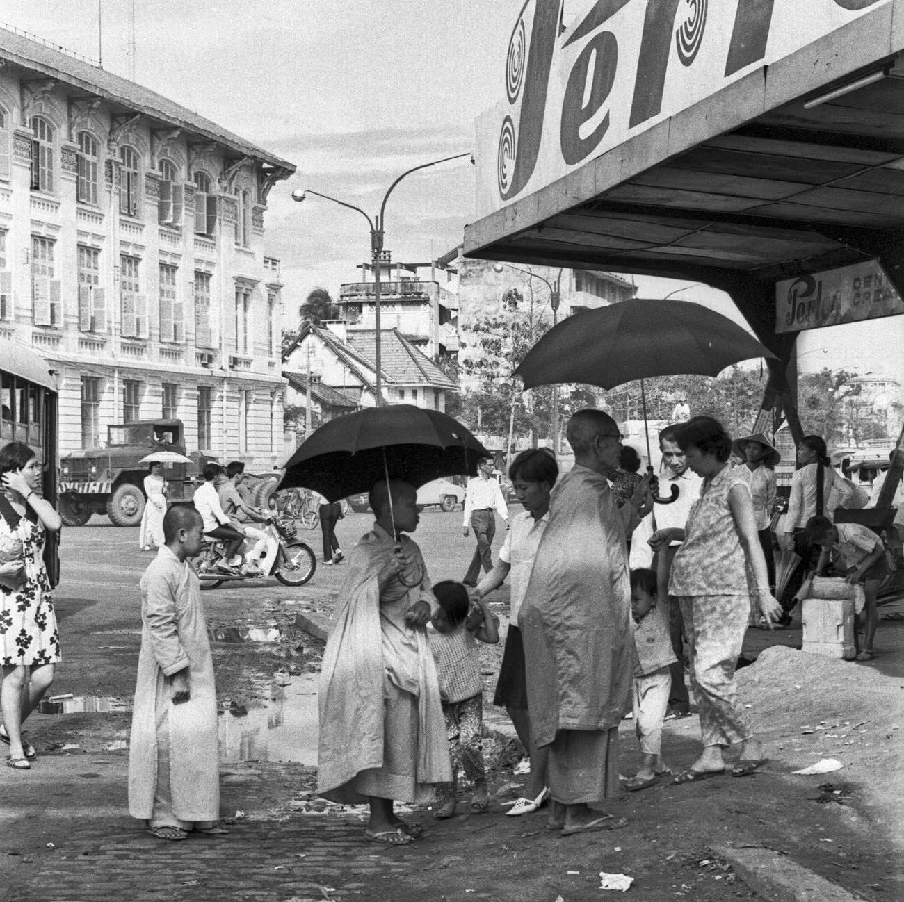 Monks at a bus station in Saigon, 1968.