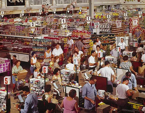 Busy checkouts with long lines during the holidays.