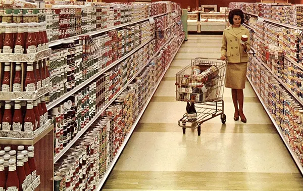 Canned foods aisles and special displays.