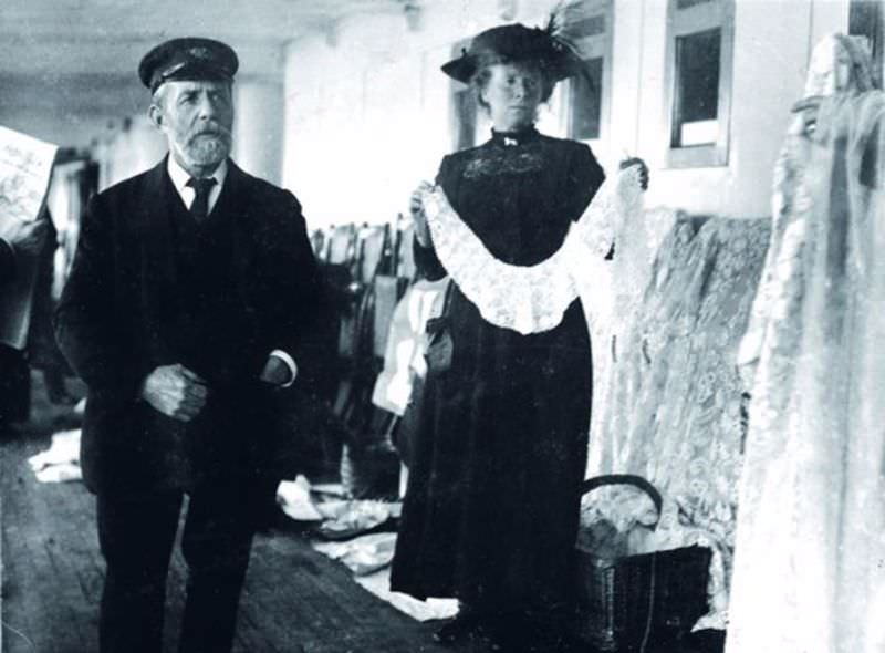 A Queenstown vendor sells irish lace aboard the Titanic.