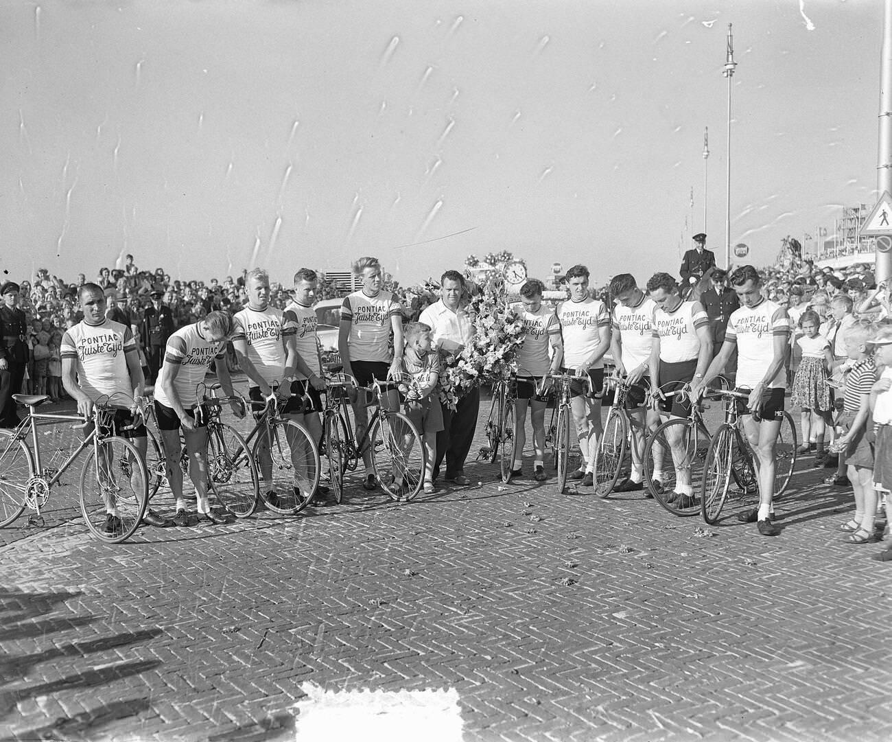 A Tour de France team with bicycles, 1950s.