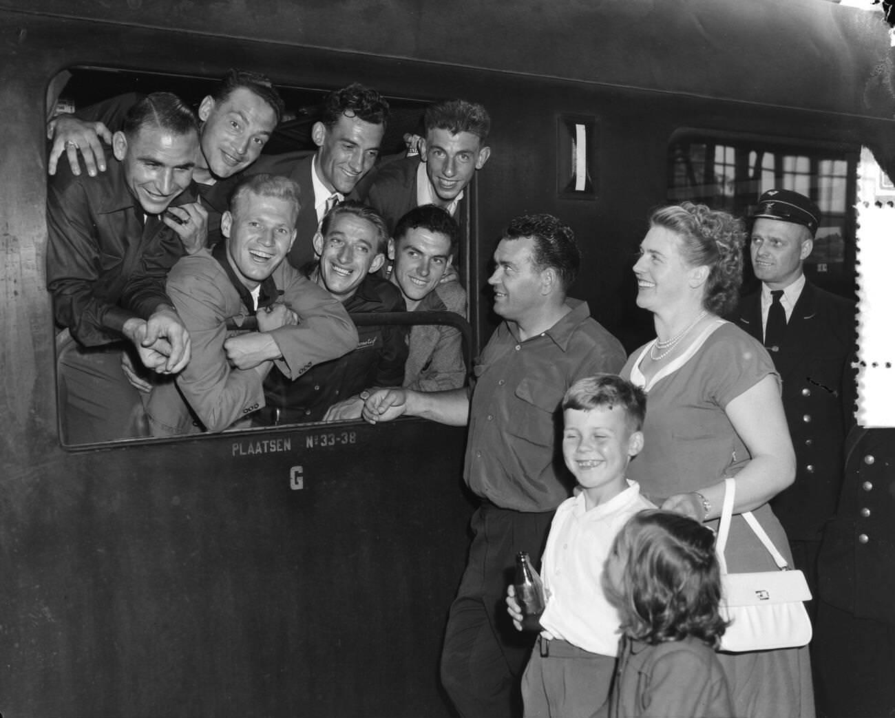 Dutch riders departing by train for the Tour de France, 1953.