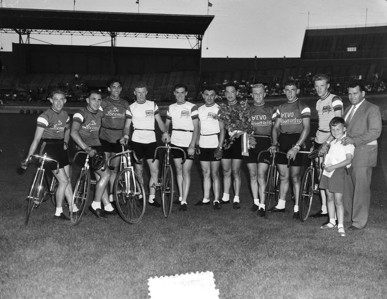 A Tour de France team at the Olympic Stadium, 1950s.