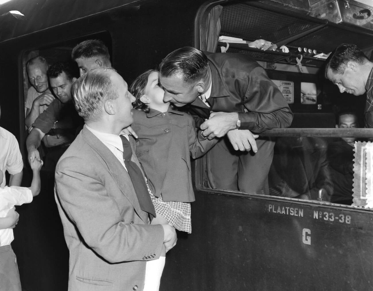 Dutch riders departing by train for the Tour de France, 1953.