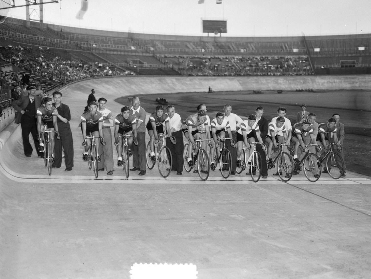 A Tour de France team at the Olympic Stadium, 1953.