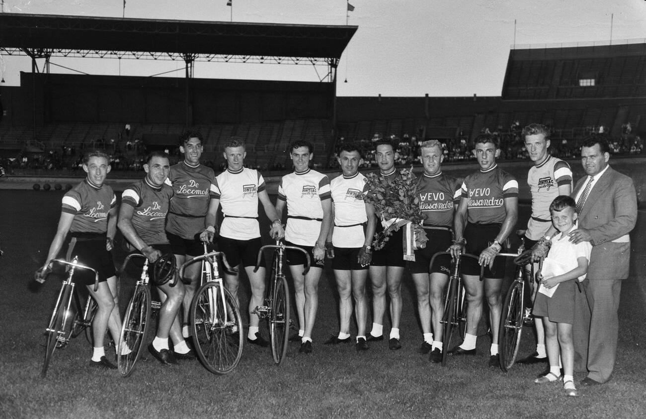 A Tour de France team at the Olympic Stadium, 1953.