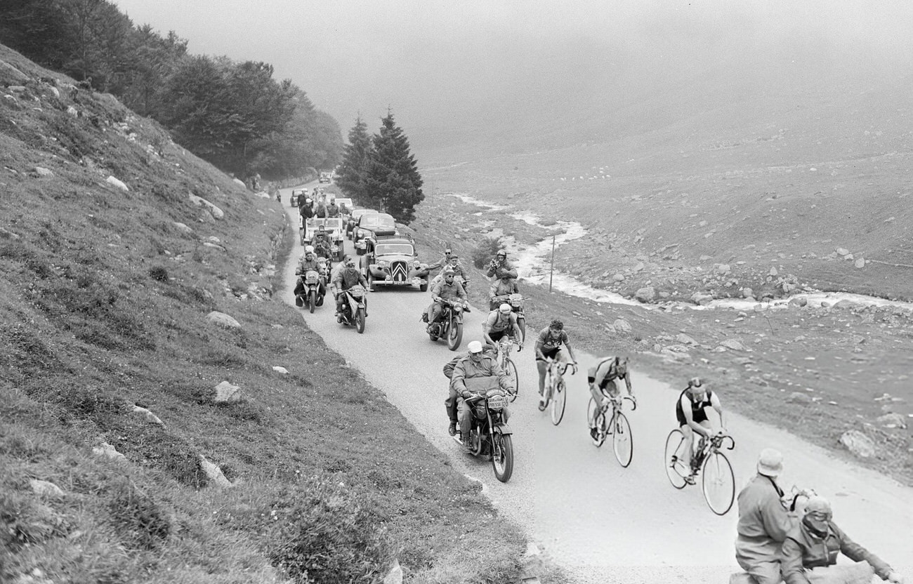 Jean Robic ascending Tourmalet's Pass during the Tour de France, 1953.