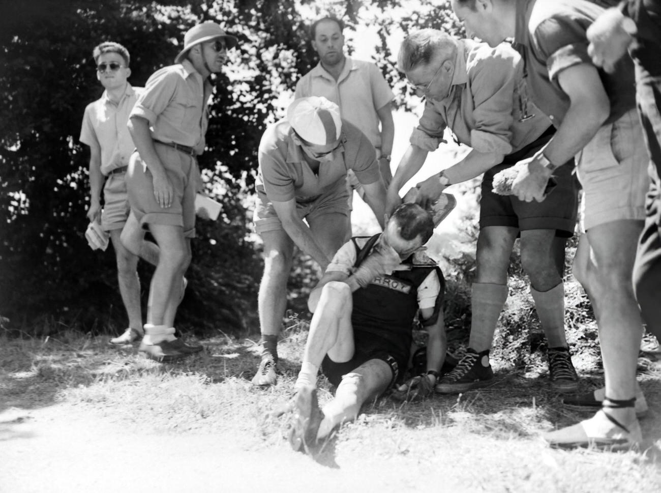 Jean Robic after falling during the Tour de France, 1953.