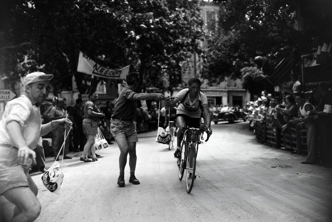 Jan Nolten being provisioned during the Tour de France, 1953.