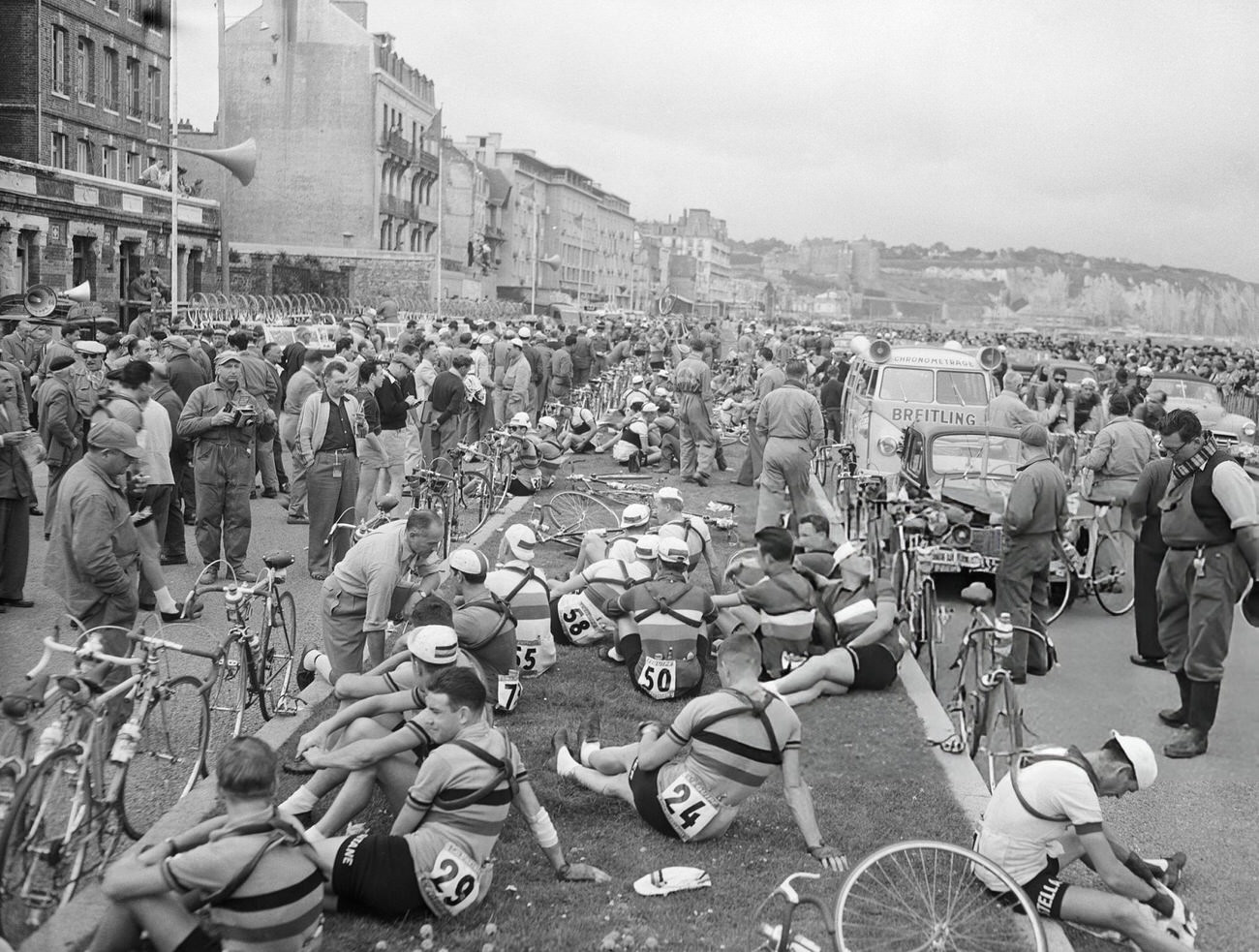 Cyclists resting before the 5th stage of the Tour de France, 1953.