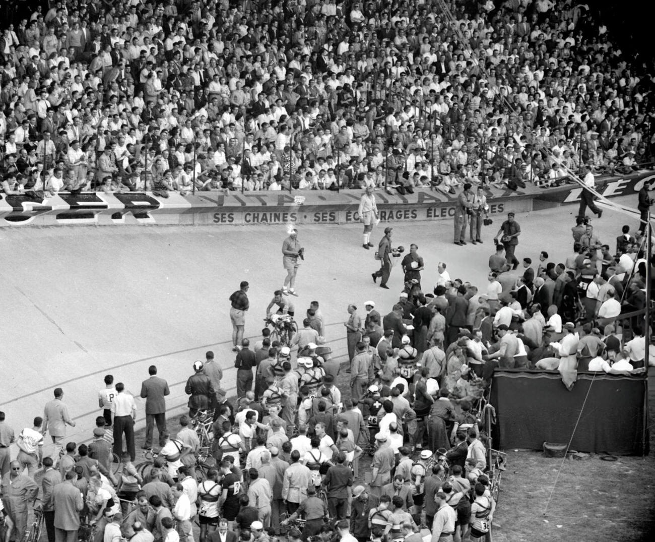 Louison Bobet finishing his lap of honor after winning the Tour de France, 1953.