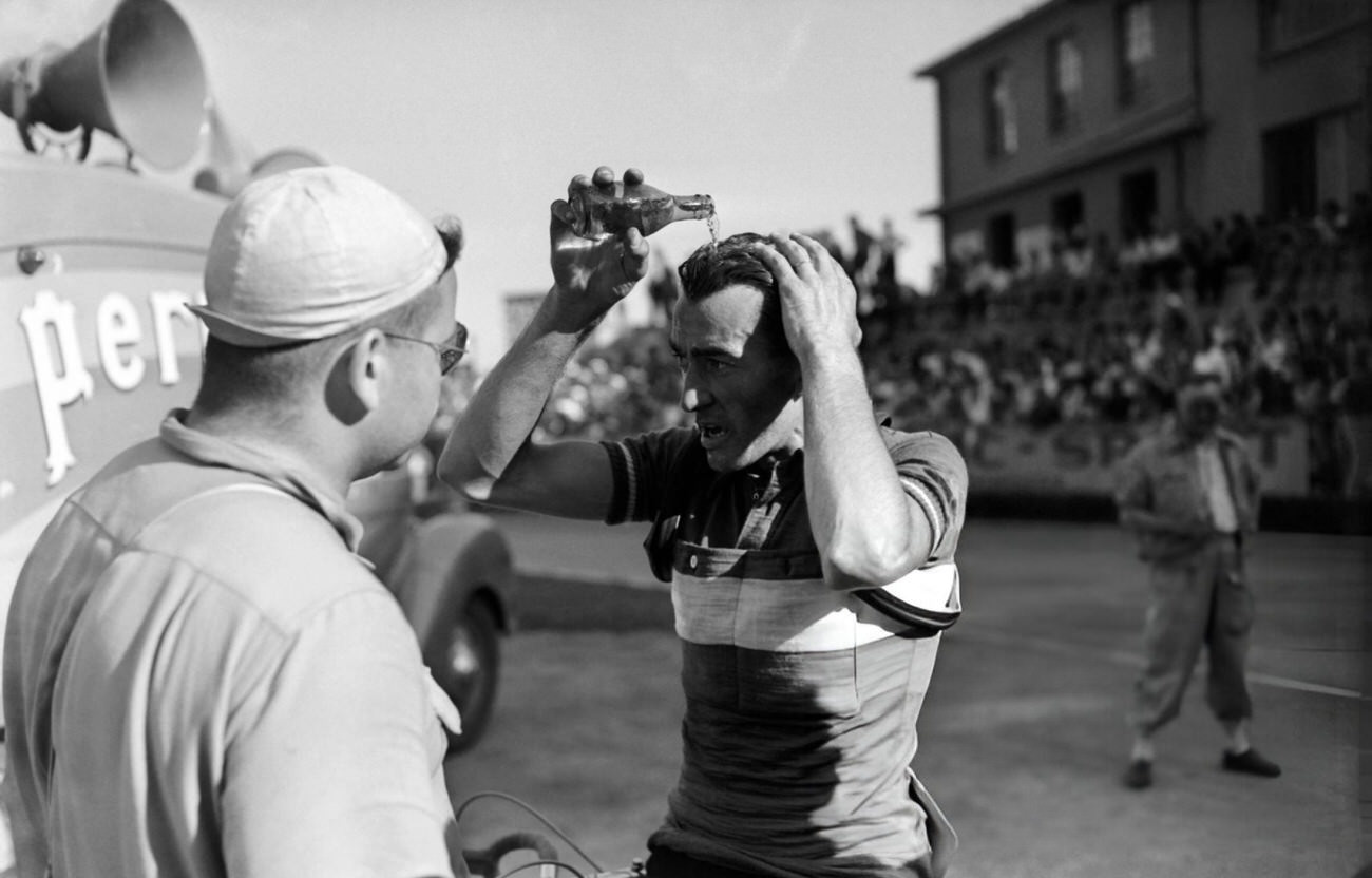 Louison Bobet refreshing during the Tour de France, 1953.