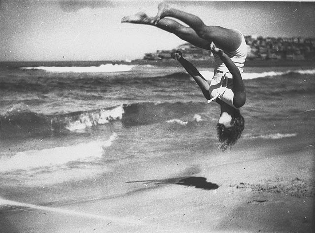 Peggy Bacon backflipping at Bondi Beach, Sydney, 1937.