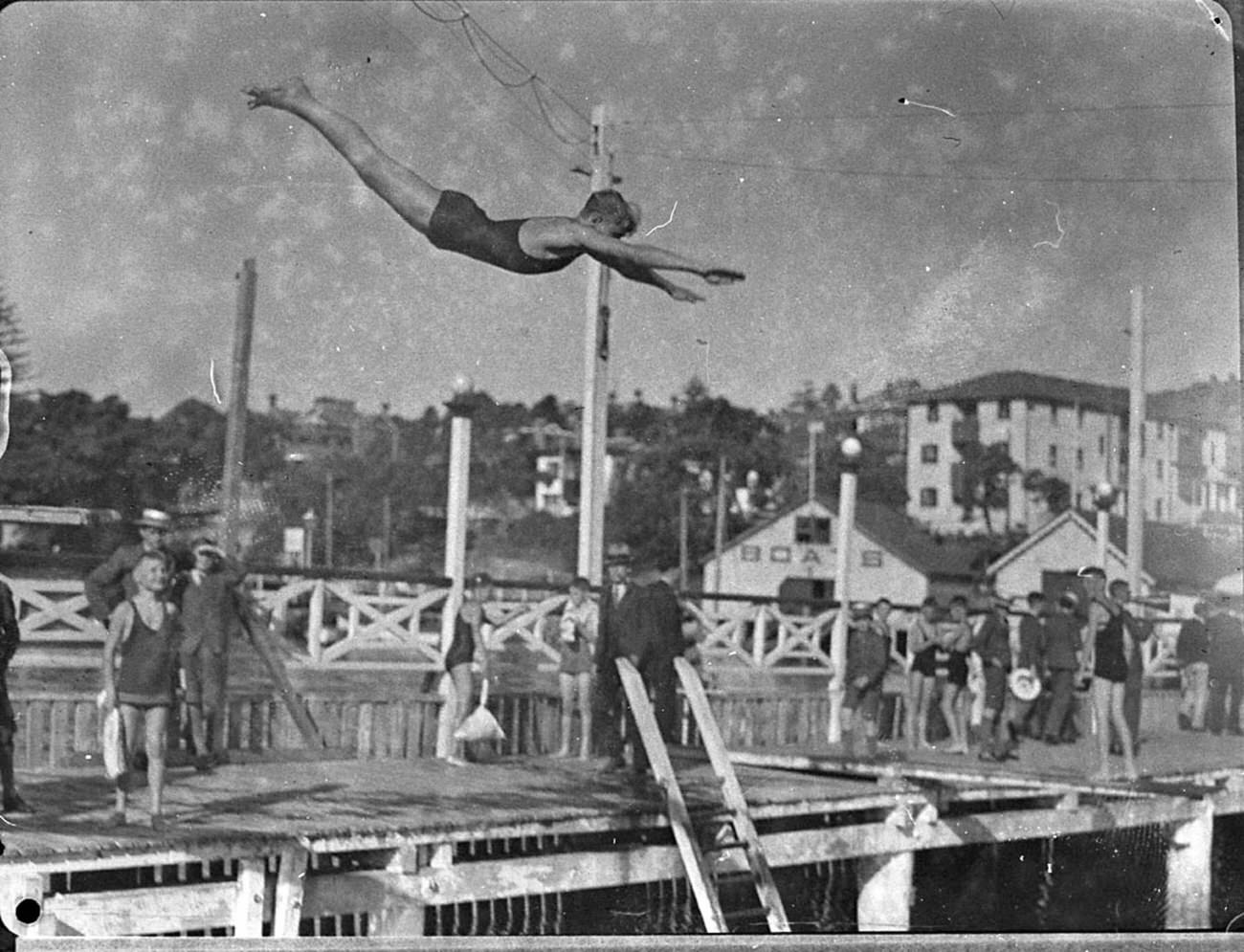 A young diver at St Aloysius College swimming at Manly, March 1935.