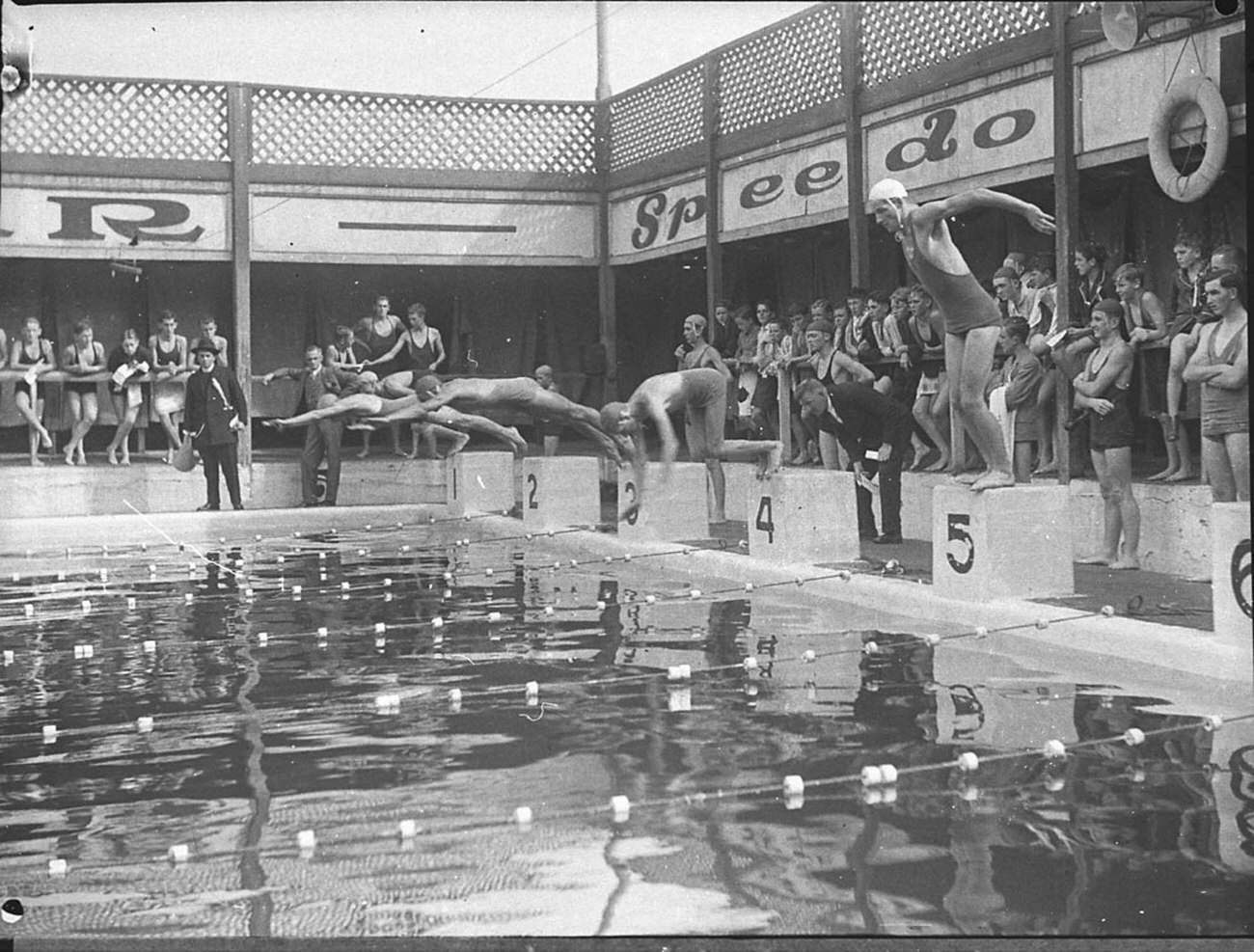 Start of a relay race at Colleges swimming at Drummoyne, March 1935.