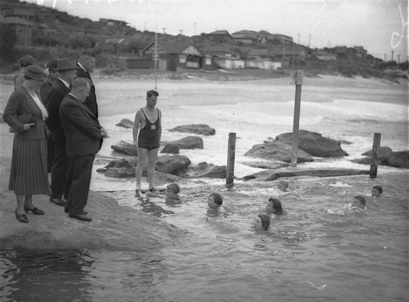 Country children learning to swim at Stewart House Preventorium, South Curl Curl Beach, January 1935.