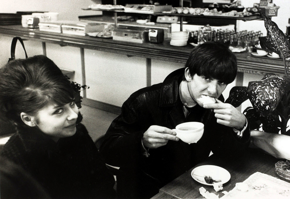 George Harrison having breakfast. Stockholm airport, 1963.