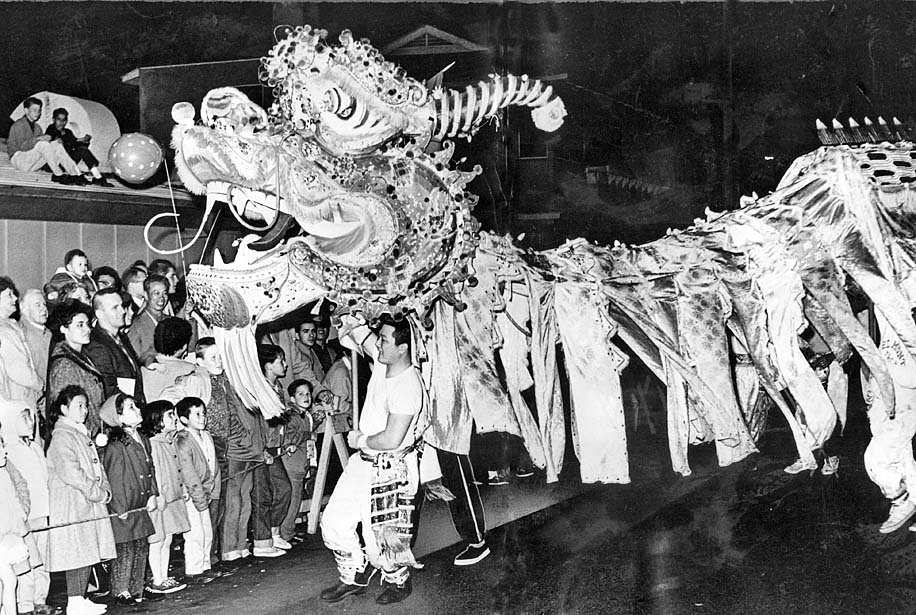 A dragon in the Chinese New Year parade for the Year of the Rabbit in Los Angeles' Chinatown, 1963.