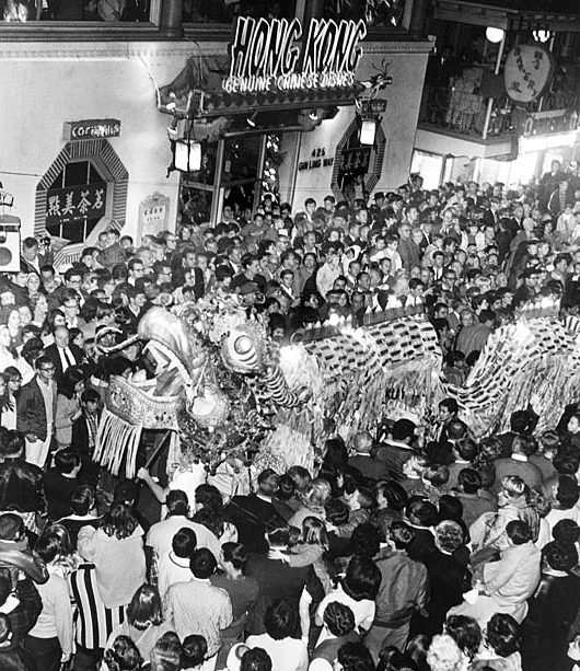 An estimated 30,000 attend the Chinese New Year celebration in Los Angeles' Chinatown, 1967.