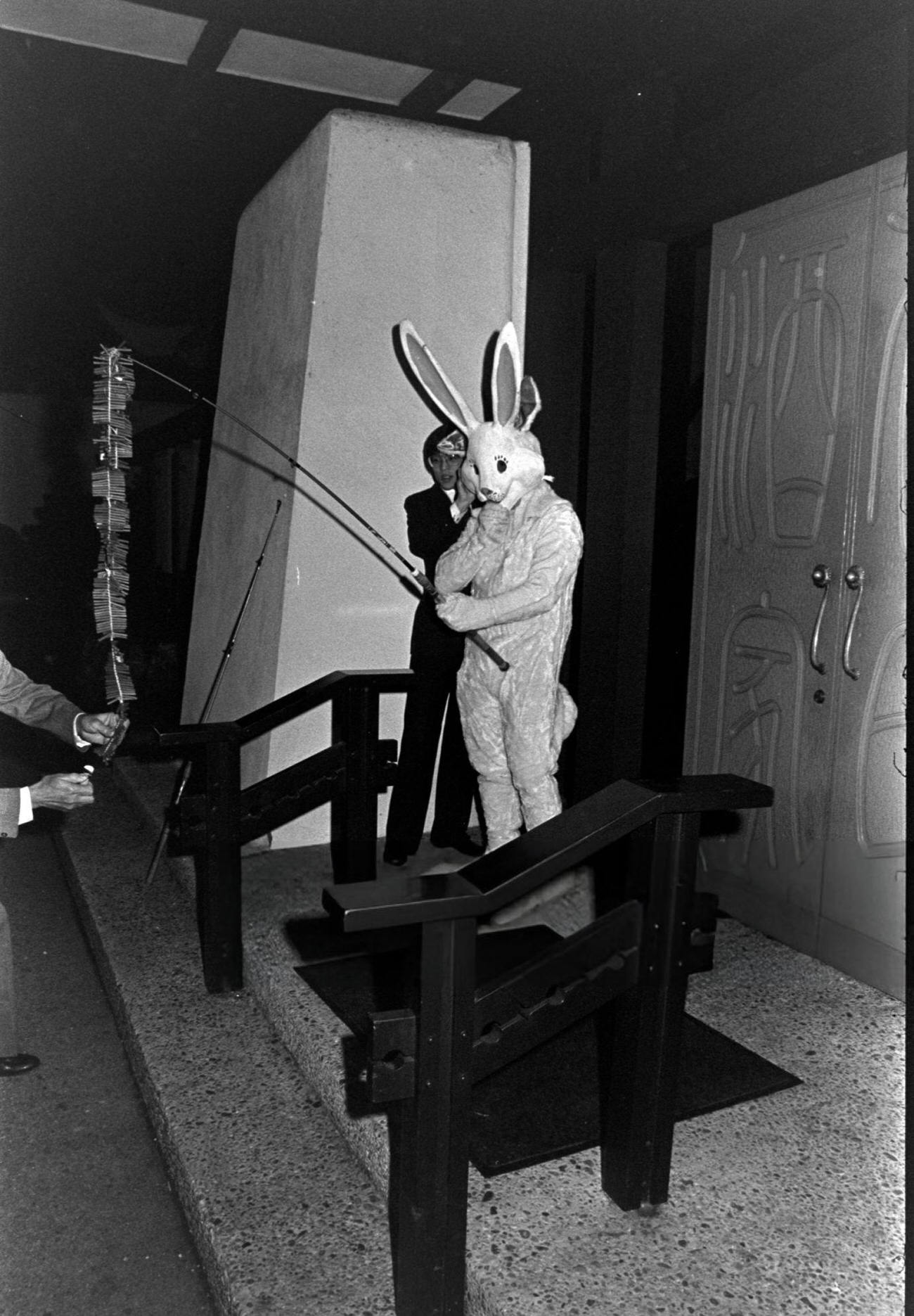 A rabbit performer celebrates the Year of the Hare at Madame Wu's Garden, Santa Monica, 1975.