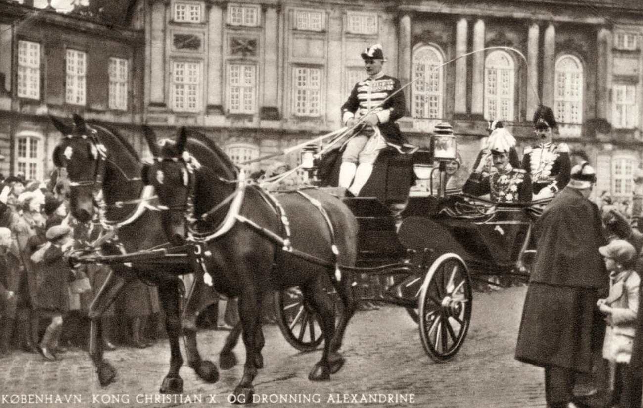 King Christian X in a horse-drawn carriage, Copenhagen, Denmark, 1930s