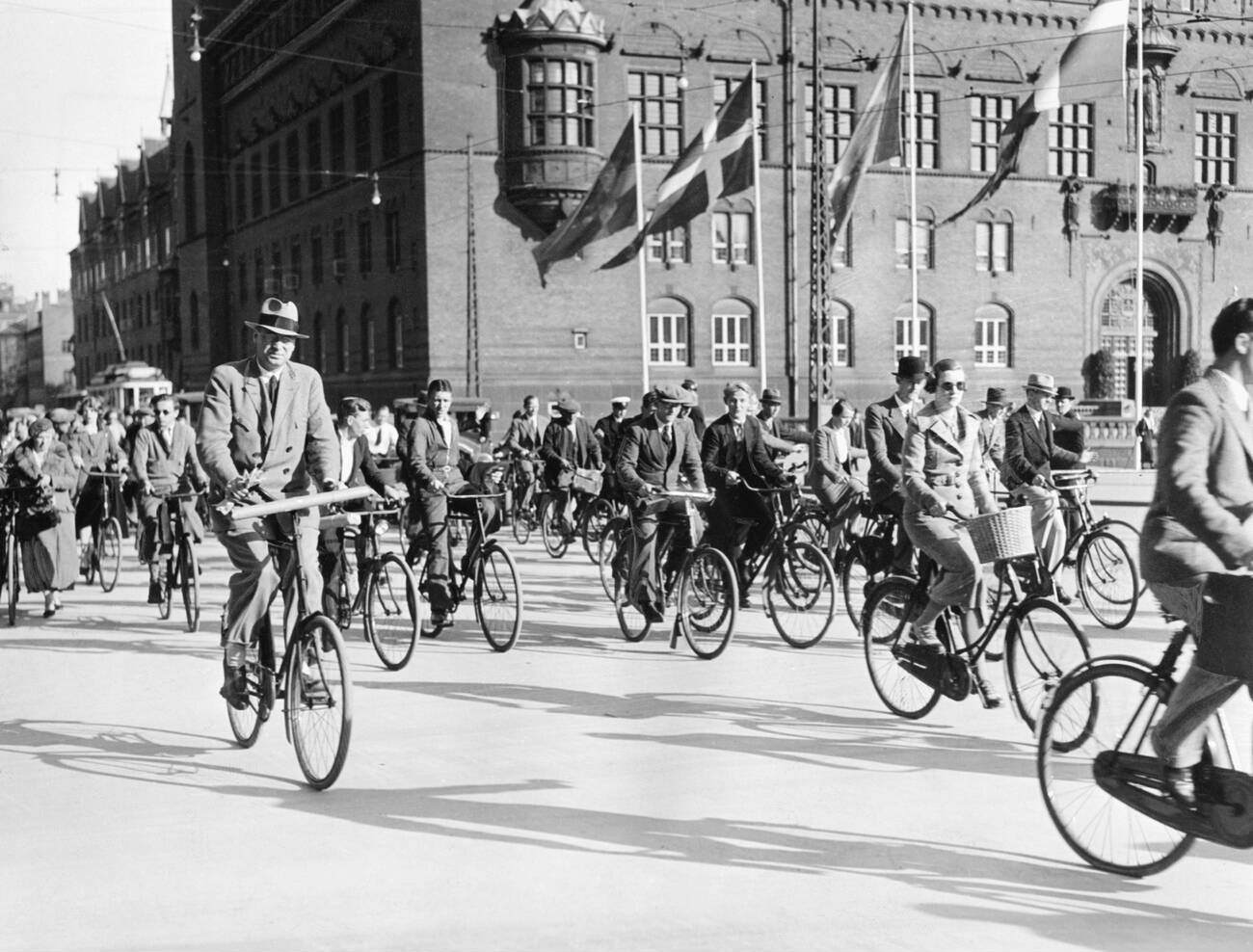 Cyclists at Copenhagen's Town Hall Square, 1930s