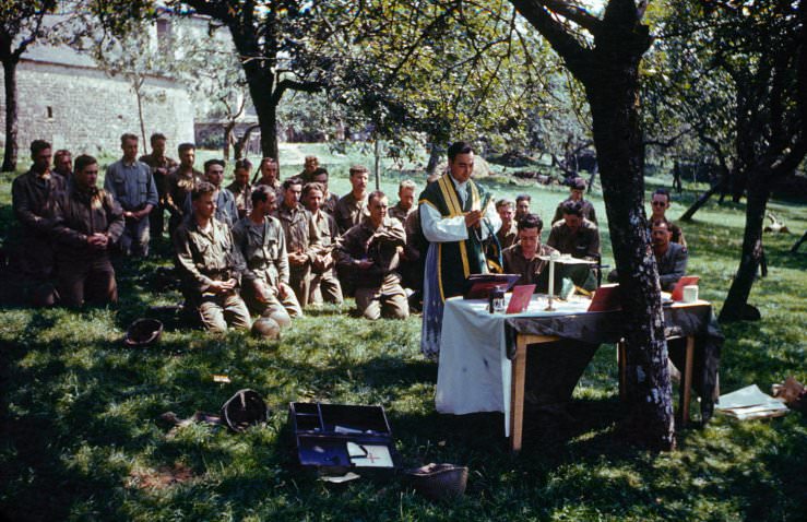 Church services in dappled sunlight, France, 1944