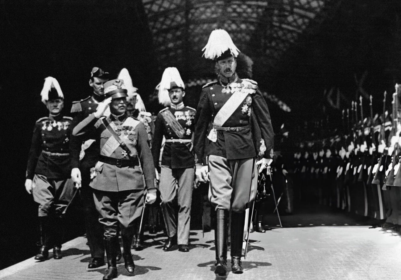 King Victor Emmanuel III and King Christian X at a train station, Copenhagen, 1930s