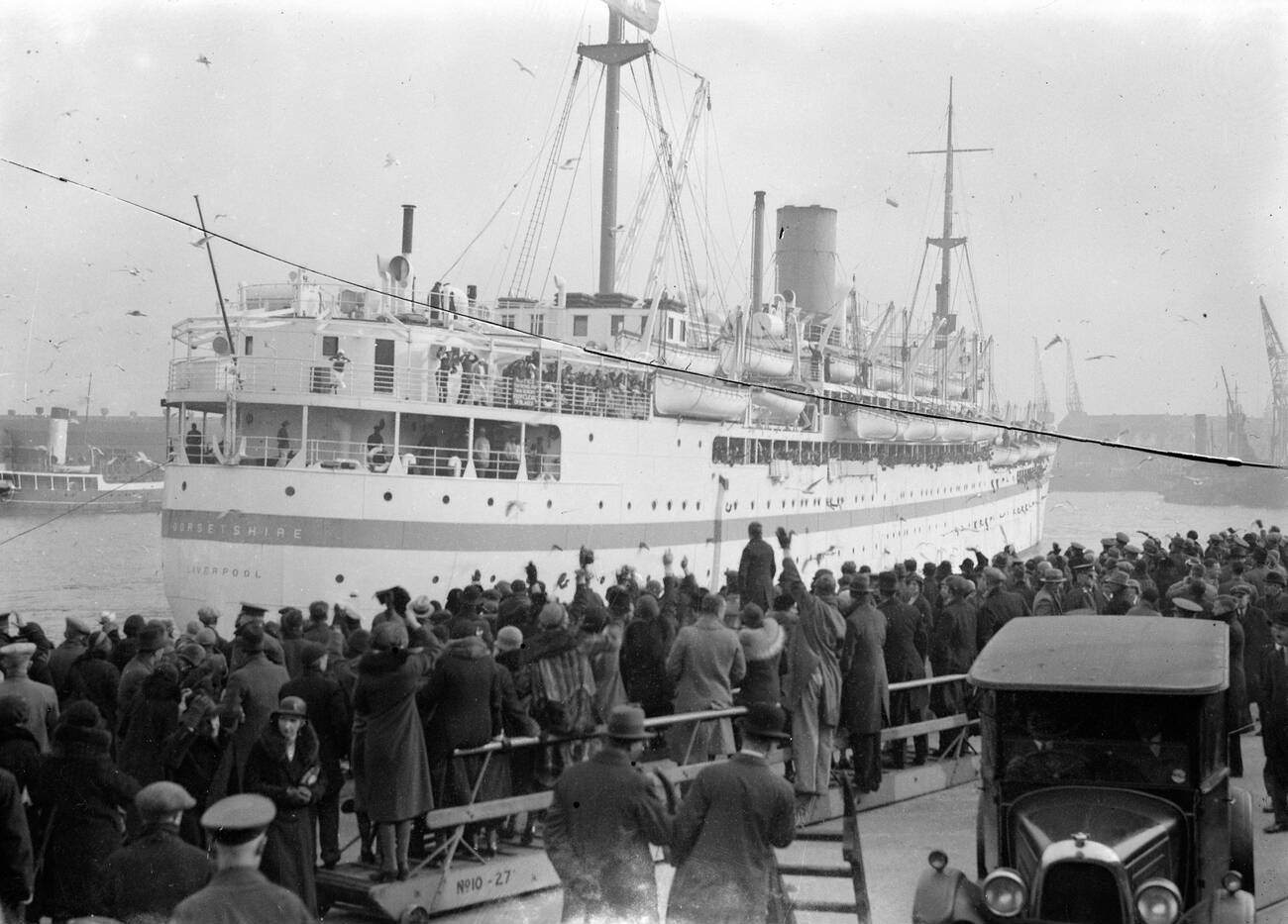 The Danish training ship 'Denmark' sailing from Copenhagen harbor, 1934