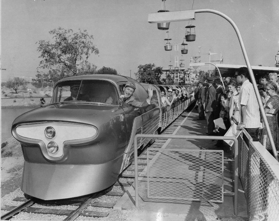 Walt Disney at the controls of the Viewliner, a train that ran between Fantasyland and Tomorrowland, 1957