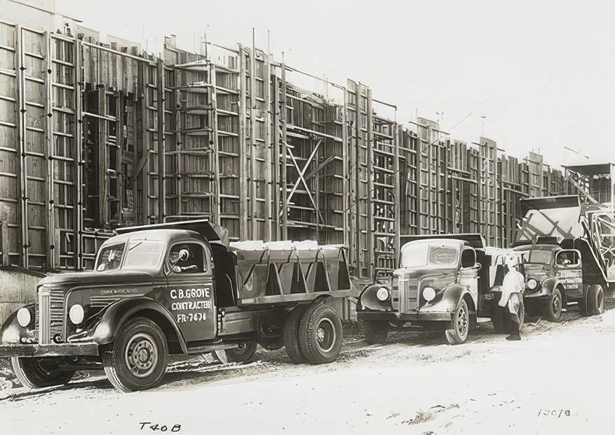 Model T 46 B C 42 loading building materials at a construction site.